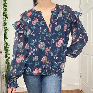 Derek Lam Floral Print Ruffle Trim V-Neck Top Blouse Size 2 Blue